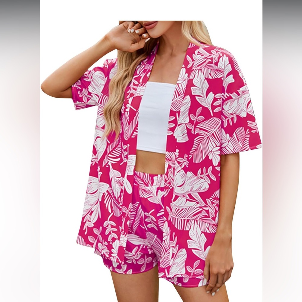 Women Floral Two-Piece Set Pink & White Tropical Print Top and Shorts Medium